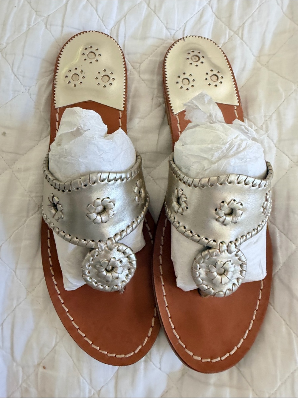 Jack Rogers Silver Leather Slide Sandals with Floral Medallions
